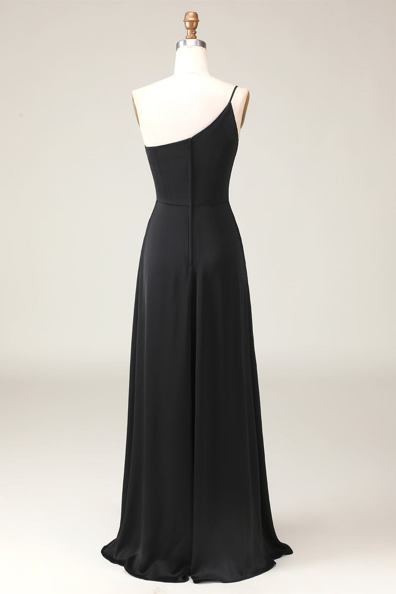 Load image into Gallery viewer, Black A-line Chiffon One Shoulder Floor Length Bridesmaid Dress