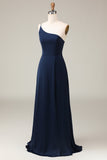 Black A-line Chiffon One Shoulder Floor Length Bridesmaid Dress