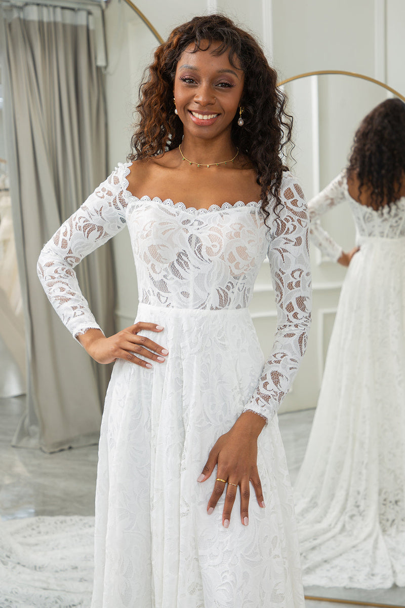 Load image into Gallery viewer, Ivory A-Line Lace Wedding Dress with Sleeves