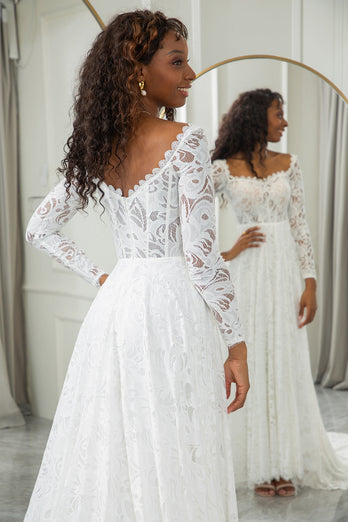 Ivory A-Line Lace Wedding Dress with Sleeves