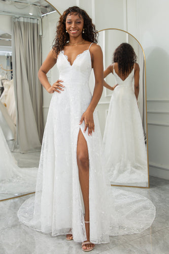Ivory A-Line Sweep Train Lace Wedding Dress with Slit