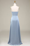 Dusty Blue A-Line Spaghetti Straps Satin Long Bridesmaid Dress