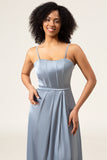 A-Line Spaghetti Straps Dusty Blue Satin Long Bridesmaid Dress