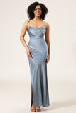 Dusty Blue Spaghetti Straps Sheath Satin Long Bridesmaid Dress