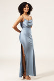 Dusty Blue Spaghetti Straps Sheath Satin Long Bridesmaid Dress