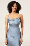 Dusty Blue Spaghetti Straps Sheath Satin Long Bridesmaid Dress