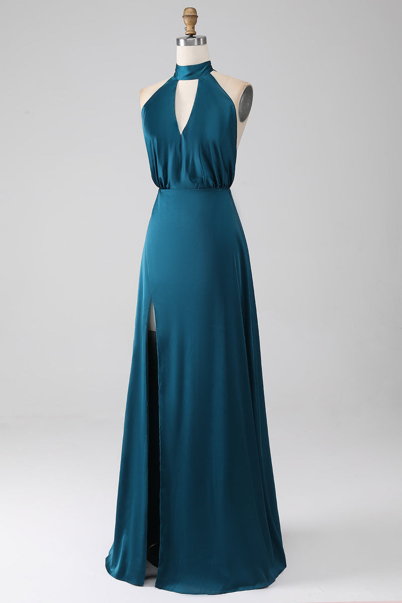 Load image into Gallery viewer, Peacock A-Line Halter Neck Long Bridesmaid Dress with Slit
