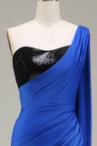 Royal Blue One Shoulder Satin and Sequin Mermaid Pleated Prom Dress with Slit