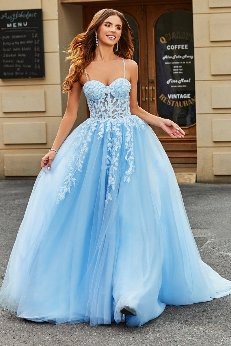 Load image into Gallery viewer, Tulle A-Line Spaghetti Straps Sky Blue Long Corset Prom Dress with Appliques