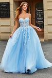 Tulle A-Line Spaghetti Straps Sky Blue Long Corset Prom Dress with Appliques