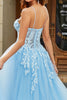 Load image into Gallery viewer, Tulle A-Line Spaghetti Straps Sky Blue Long Corset Prom Dress with Appliques