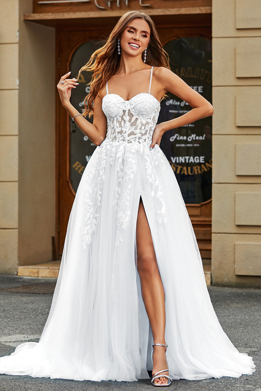 White Corset A Line Long Tulle Bridal Dress with Slit