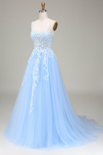 Tulle A-Line Spaghetti Straps Sky Blue Prom Dress with Appliques