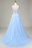 Load image into Gallery viewer, Tulle A-Line Spaghetti Straps Sky Blue Prom Dress with Appliques