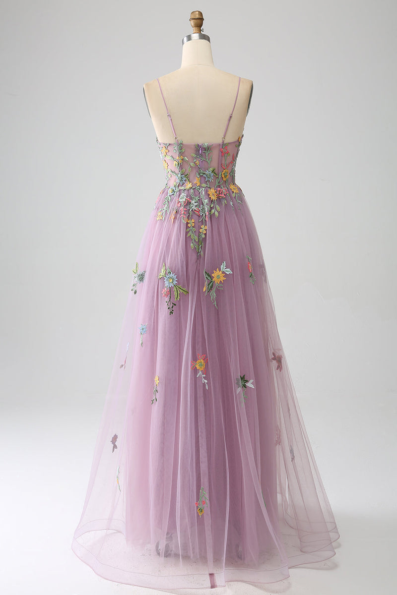 Load image into Gallery viewer, Mauve A-Line Spaghetti Straps Tulle Long Prom Dress With Embroidery