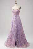 Mauve A-Line Spaghetti Straps Long Prom Dress with Appliques