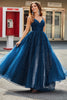 Load image into Gallery viewer, Navy A-Line V-Neck Long Beaded Tulle Prom Dresses With Pleated