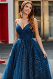 Navy A-Line V-Neck Long Beaded Tulle Prom Dresses With Pleated