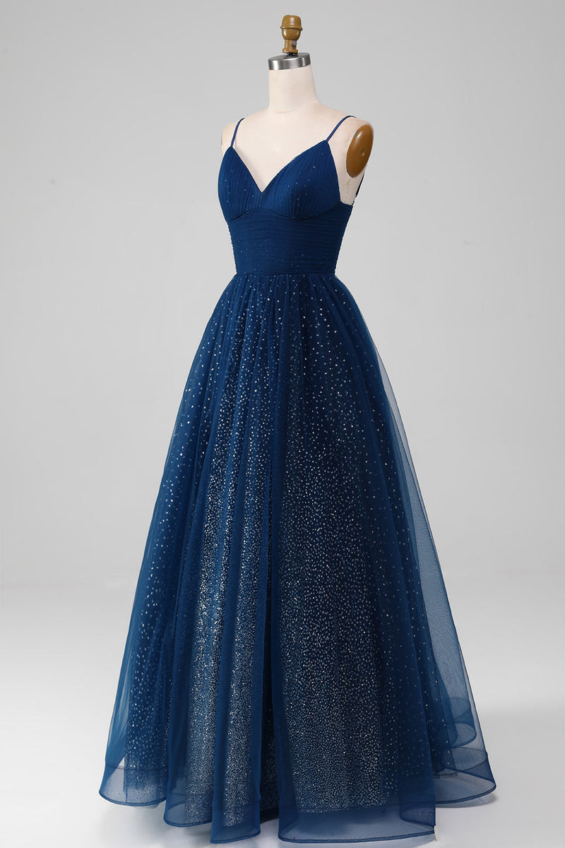 Load image into Gallery viewer, Navy Ball-Gown V-Neck Long Beaded Tulle Prom Dresses With Pleated