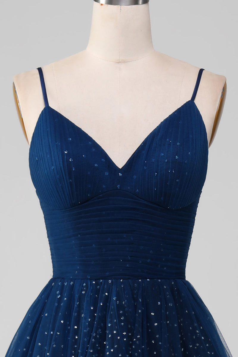 Load image into Gallery viewer, Navy Ball-Gown V-Neck Long Beaded Tulle Prom Dresses With Pleated