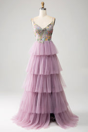 Mauve A-Line Corset Tiered Long Prom Dress With Appliques