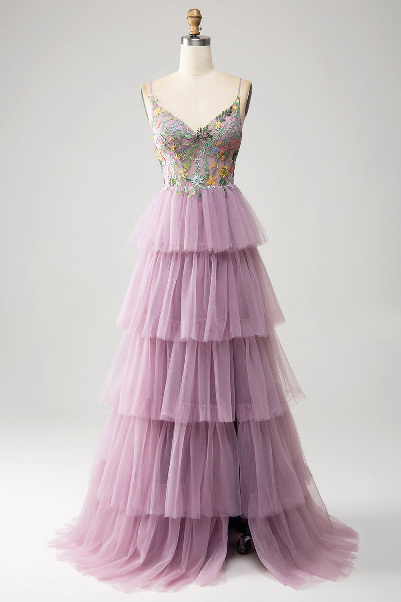 Load image into Gallery viewer, Mauve A-Line Corset Tiered Long Prom Dress With Appliques