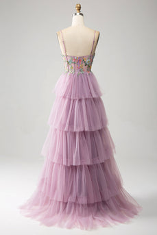 Mauve A-Line Corset Tiered Long Prom Dress With Appliques