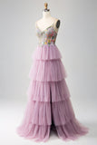 Mauve A-Line Corset Tiered Long Prom Dress With Appliques