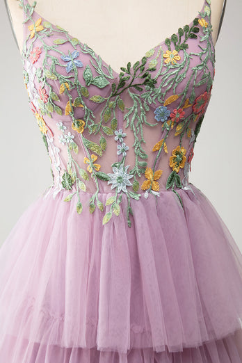 Mauve A-Line Corset Tiered Long Prom Dress With Appliques