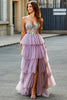 Load image into Gallery viewer, A-Line Tulle Long Corset Tiered Mauve Prom Dress With Appliques
