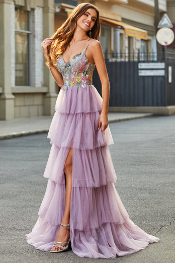 A-Line Tulle Long Corset Tiered Mauve Prom Dress With Appliques