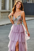 Load image into Gallery viewer, A-Line Tulle Long Corset Tiered Mauve Prom Dress With Appliques