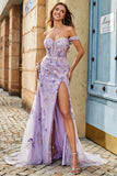 Mauve Off The Shoulder Split Front Long Mermaid Prom Dress With Appliques