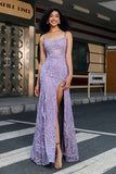 Stylish Mermaid Spaghetti Straps Lilac Long Prom Dress with Slit