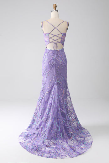 Mermaid Lace-Up Back Lilac Sequins Prom Dress with Slit