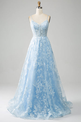 Sky Blue A-Line Spaghetti Straps Lace Long Corset Prom Dress