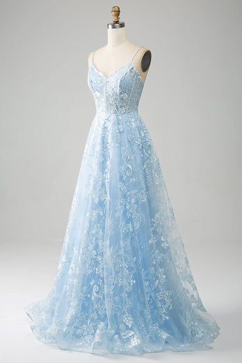 Sky Blue A-Line Spaghetti Straps Lace Long Corset Prom Dress