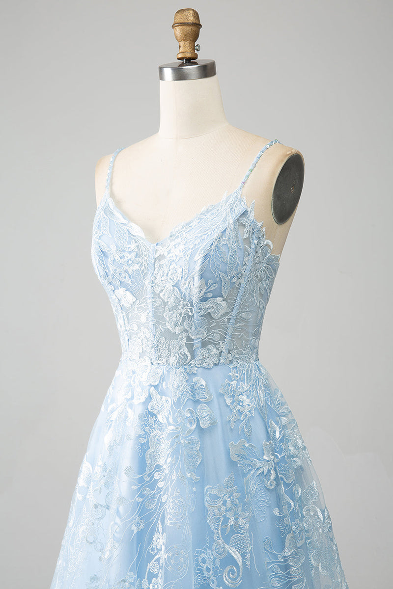 Load image into Gallery viewer, Sky Blue A-Line Spaghetti Straps Lace Long Corset Prom Dress