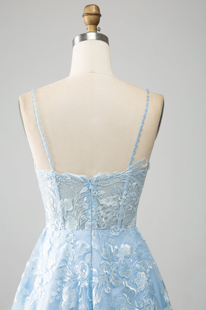 Load image into Gallery viewer, Sky Blue A-Line Spaghetti Straps Lace Long Corset Prom Dress