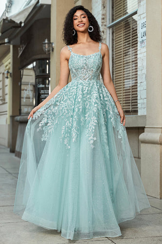 Gorgeous A Line Spaghetti Straps Mint Corset Prom Dress with Appliques