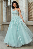 Gorgeous A Line Spaghetti Straps Mint Corset Prom Dress with Appliques