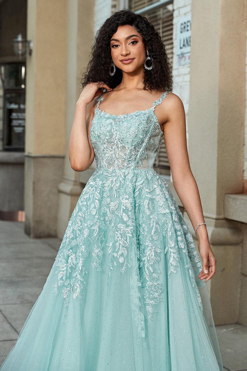 Load image into Gallery viewer, Gorgeous A Line Spaghetti Straps Mint Corset Prom Dress with Appliques
