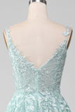 Glitter Mint A-Line Tulle Long Prom Dress with Lace