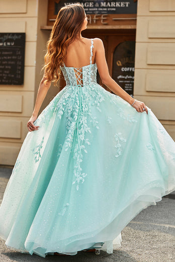 Mint Ball-Gown Detachable Sleeves Beaded Prom Dresses With Appliques