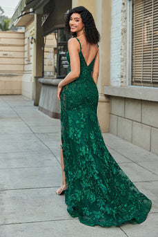 Stylish Mermaid Spaghetti Straps Dark Green Long Prom Dress with Appliques