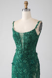 Dark Green Mermaid Spaghetti Straps Long Prom Dress with Appliques