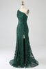 Load image into Gallery viewer, Sparkly Dark Green Beaded Long Mermaid Lace Prom Dress with Slit