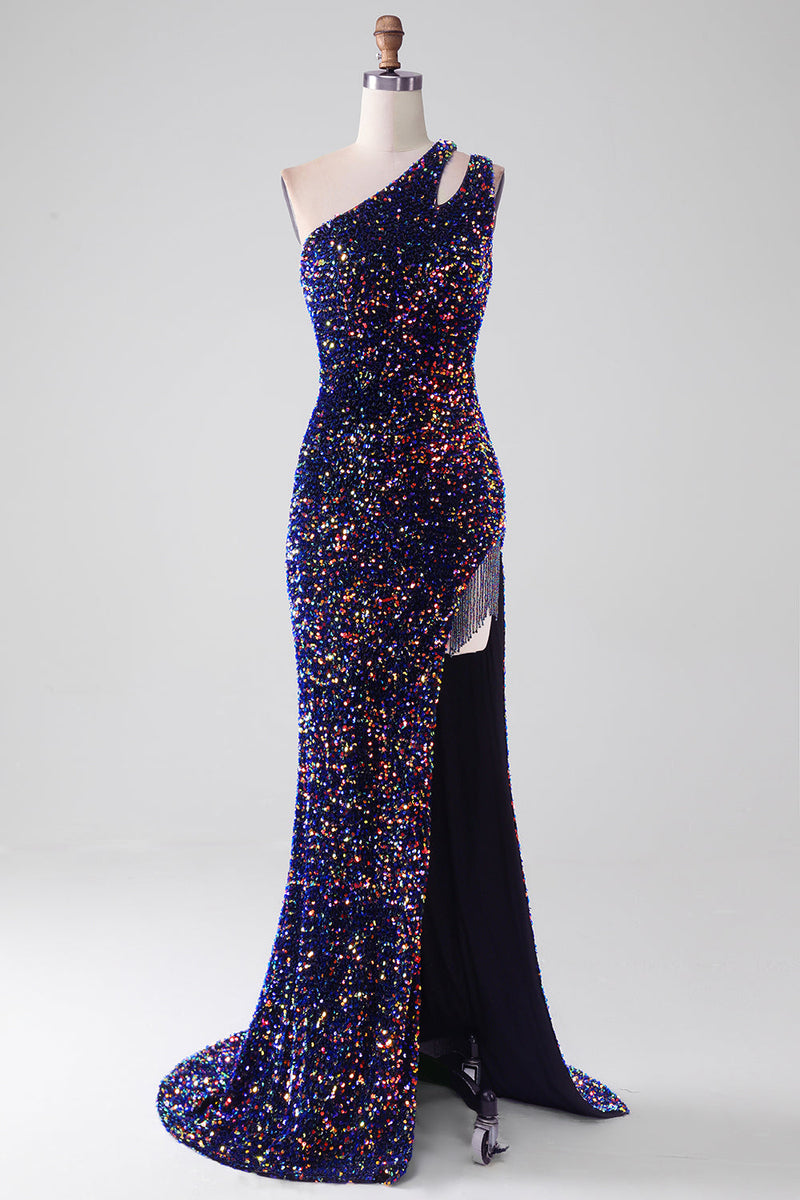 Load image into Gallery viewer, Black Mermaid One Shoulder Sequins Long Prom Dress with Slit