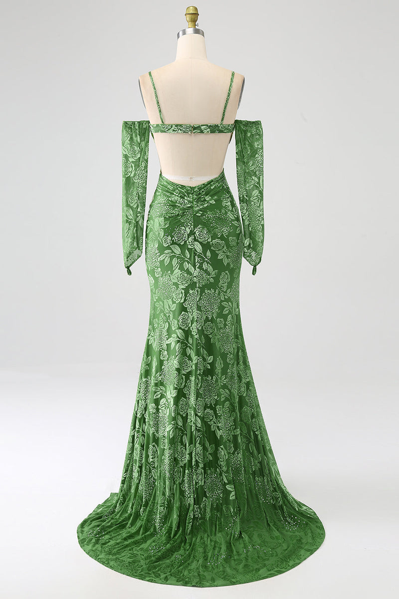 Load image into Gallery viewer, Mermaid Off the Shoulder Olive Printed Long Prom Dress with Split Front