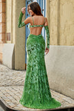 Olive Mermaid Floral Print Spaghetti Straps Long Prom Dress With Slit